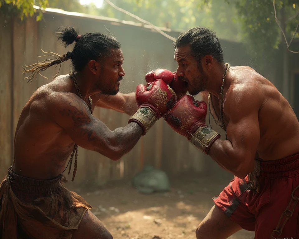 mixed racial man samourai fighting a kickboxer in a ring in the jungle