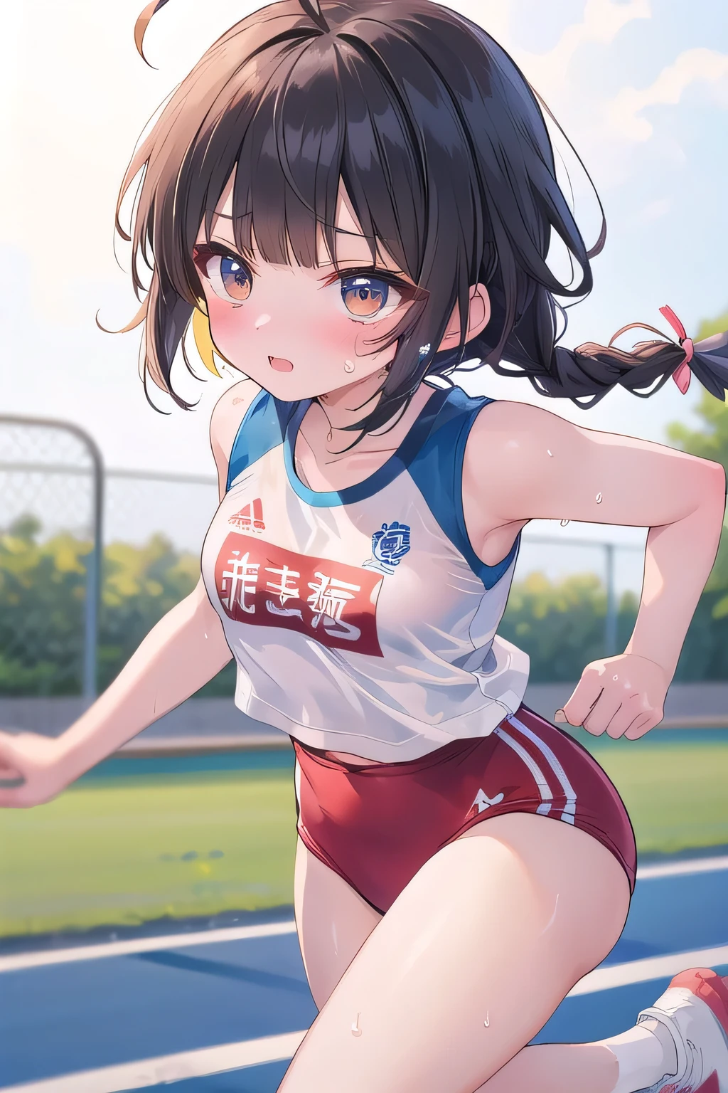 Highest quality、whole body、Black Hair、Iris、short hair、girl、cute、16 years old、、Small hair ornament、1 person、Track and field costume、running、Athletics Stadium、nervous、Serious