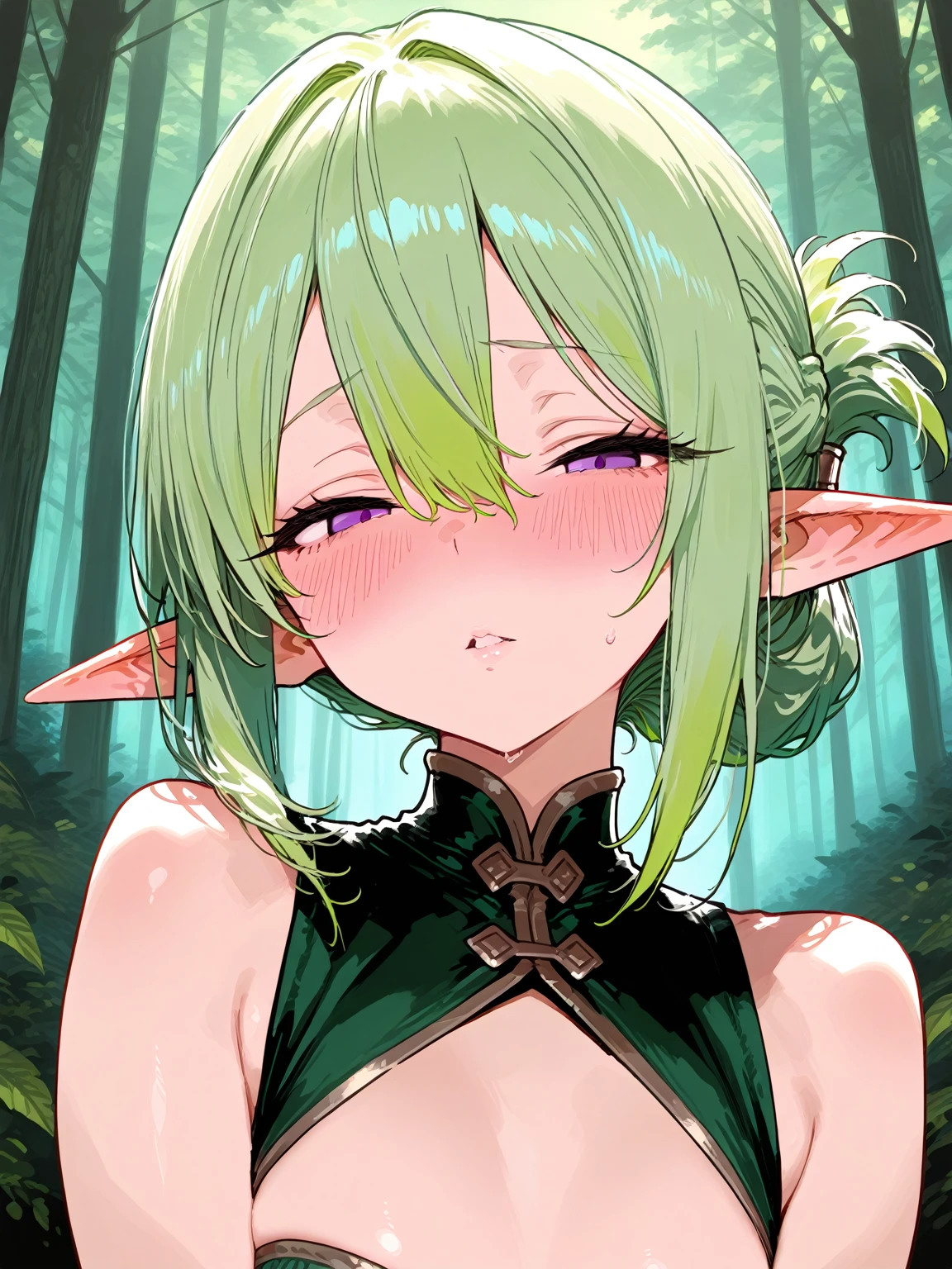 masterpiece, best quality, ultra-detailed, 1 girl, goblin girl, female goblin, goblin, 1girl, green skin, long pointy ears, makima \(chainsaw man\), Green hair, long braided hair, golden eyes, bangs, medium breasts, smile