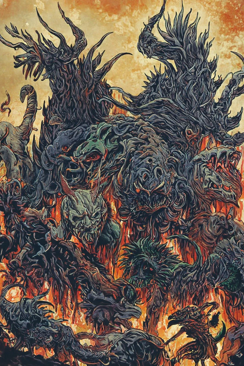 blackmetal style, black and green, xerox, ((comic)), swarm of rabid dogs eating corpses, battlefield, cloudy sky, <lora:black_metal_art:1.0>
