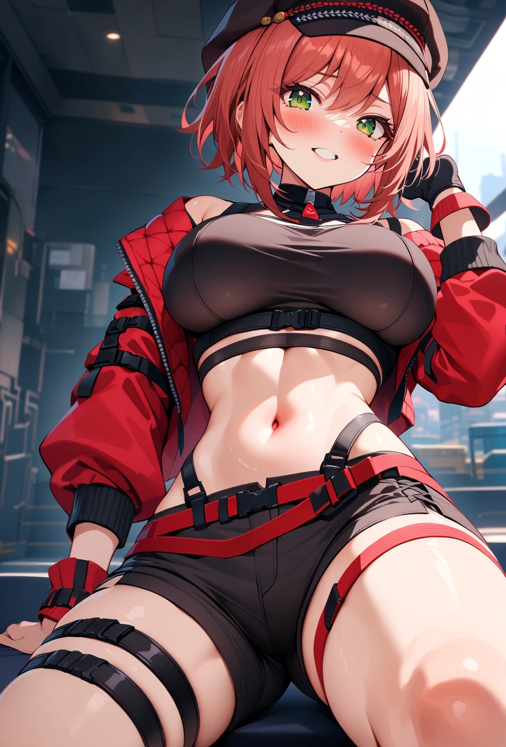 young, , sexy evil demon,fantasy background, slim body, only tight skimpy clothes, standing infront of a sex shop store, whore, slut, small girl, standing in a seductive way, full body, ass, red-pinkish hair, green eyes, medium breasts