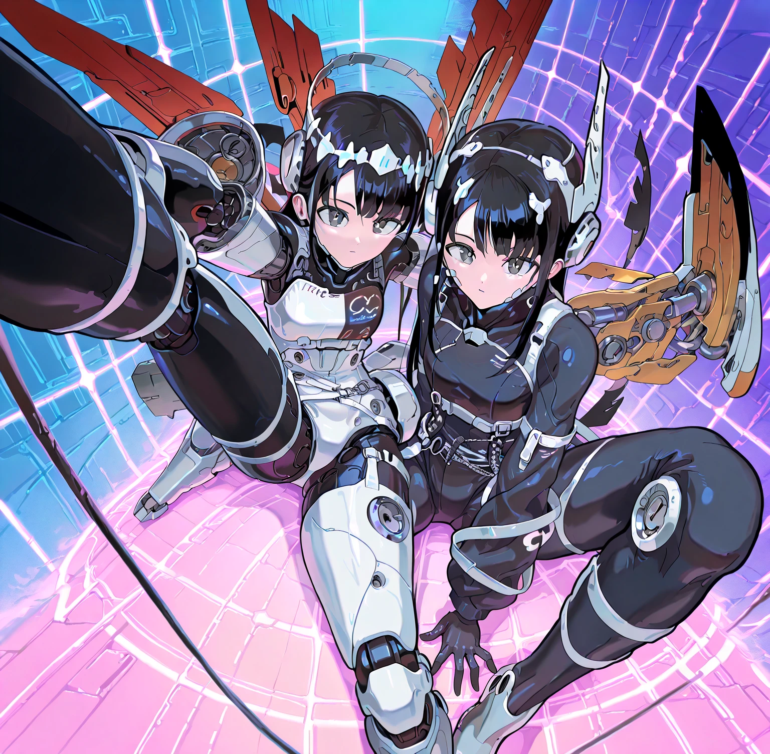 woman、Early 20s、cyber punk、Wicked Smile、Black Hair、Long Hair、Multicolored Hair、Purple Eyes、breast enhancement、sexy、
