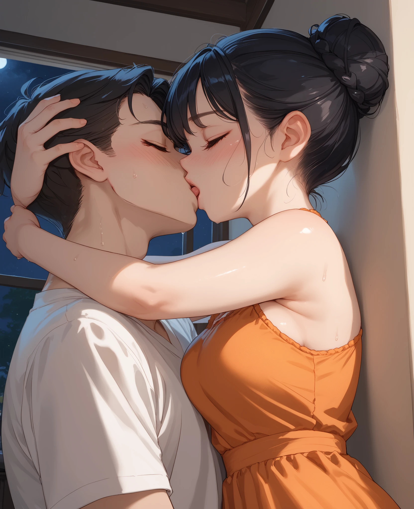 score_9, score_8_up, score_7_up, 1woman, solo, hair, closed eyes, white milky porcelain skin, white-skinned female, black hair in a bun, lovely medium breasts, perfect body, orange maxi dress, sweat, female organism, open mouth, looking at viewer, head tilt, nose blush, blush, indoor, bedroom, night time, late night, shiny skin, against wall, standing , upper body, 1girl, 1boy (faceless, face on girl's face,
intense kiss, deep kiss, kiss ), hug. Dutch angle.