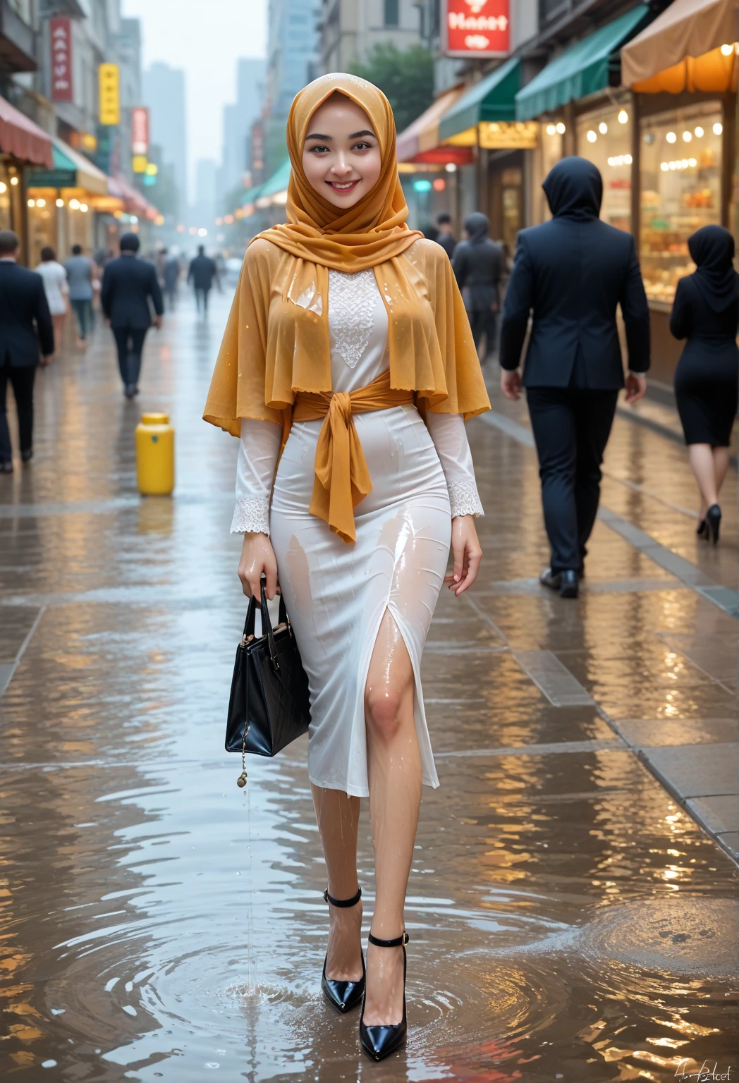 1 malay woman in hijab,((wear tight white baju kurung with small floral pattern)),(big buttocks), big round ass, Small chest, laughing smile, (hijab flying), de pele branca,big breasts thin waist, mexico-style street, Hyper-Realism, Cinematic lighting, depth of fields, From back below, vanishing point, F/2.8, Anatomically correct, Textured skin, Super Detail, awardwinning, Best Quality, hight resolution,