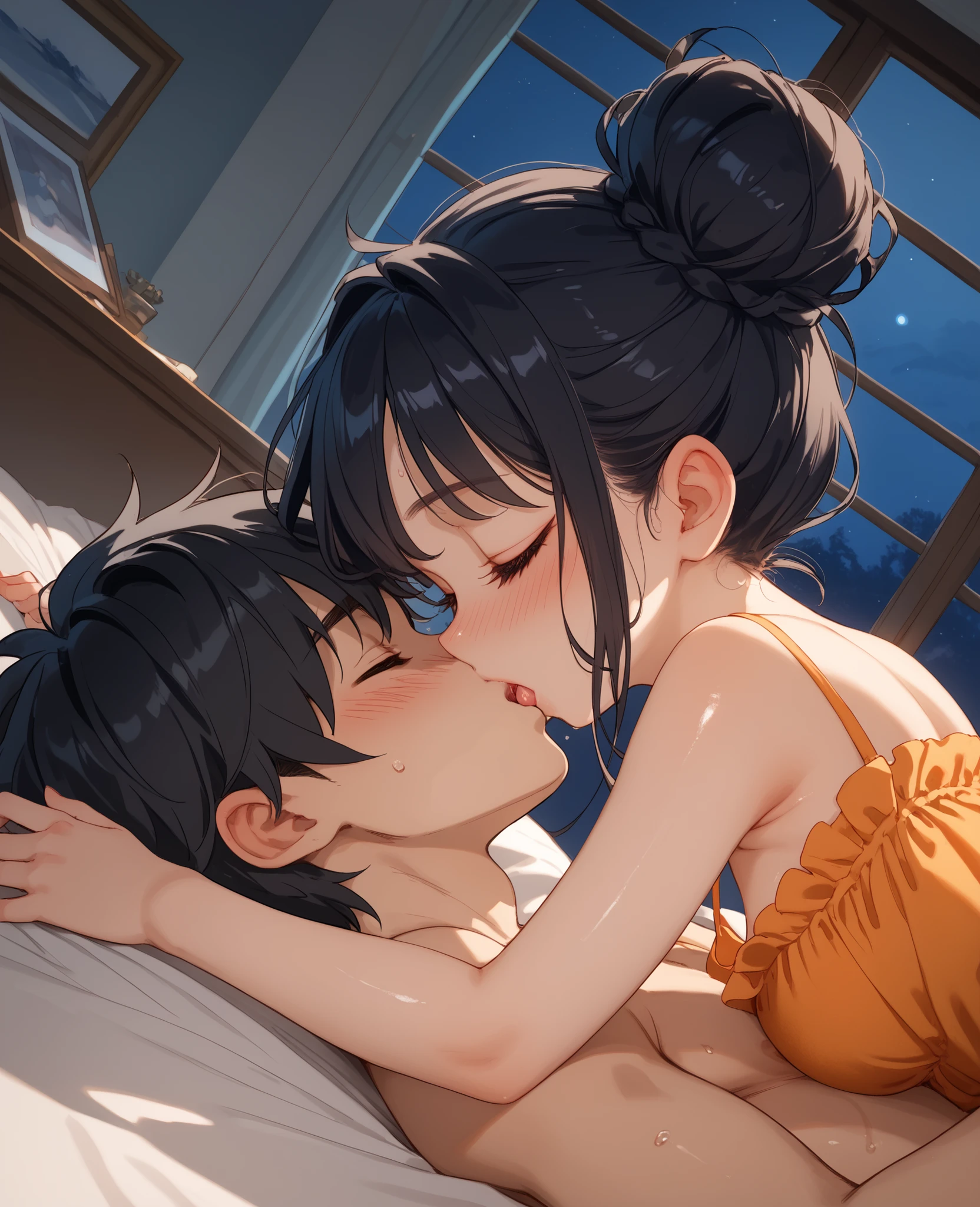 score_9, score_8_up, score_7_up, 1woman, solo, hair, closed eyes, white milky porcelain skin, white-skinned female, black hair in a messy bun, lovely medium breasts, perfect body, orange maxi dress, messy clothes, exposed shoulder, sweat, female organism, open mouth, looking at viewer, head tilt, nose blush, blush, indoor, bedroom, night time, late night, shiny skin, against bed, lying down , upper body, 1girl, 1boy (faceless, face on girl's face,
intense kiss, deep kiss, kiss ), hug. Dutch angle.