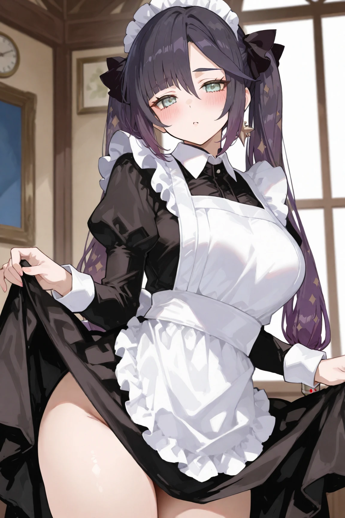 最high quality, high quality, Super detailed, 32k, Ultra-detailed details, (only, pretty girl, beautiful purple hair, Beautiful purple eyes, Big Breasts, A light smile, Red eyes, Off-the-shoulder sleeveless Summer clothes, Summer casual maid clothes, Short skirt, Blue and white color striped underwear, Black knee socks, My crotch is wet with love juice, 18-year-old,cute), {{A succubus strips off the face and clothes of a murdered maid and engages in intense vaginal sex with her master, bouncing her breasts.}}, She has transformed from a shy maid into a lewd one., A maid with her sister's face stuck on her face is vigorously pistoning her body, A maid who moves her body vigorously without caring if her breasts bounce, ((She straddles a sleeping man and has intense vaginal sex:1.5)), Cowgirl Sex, Biological, NSFW