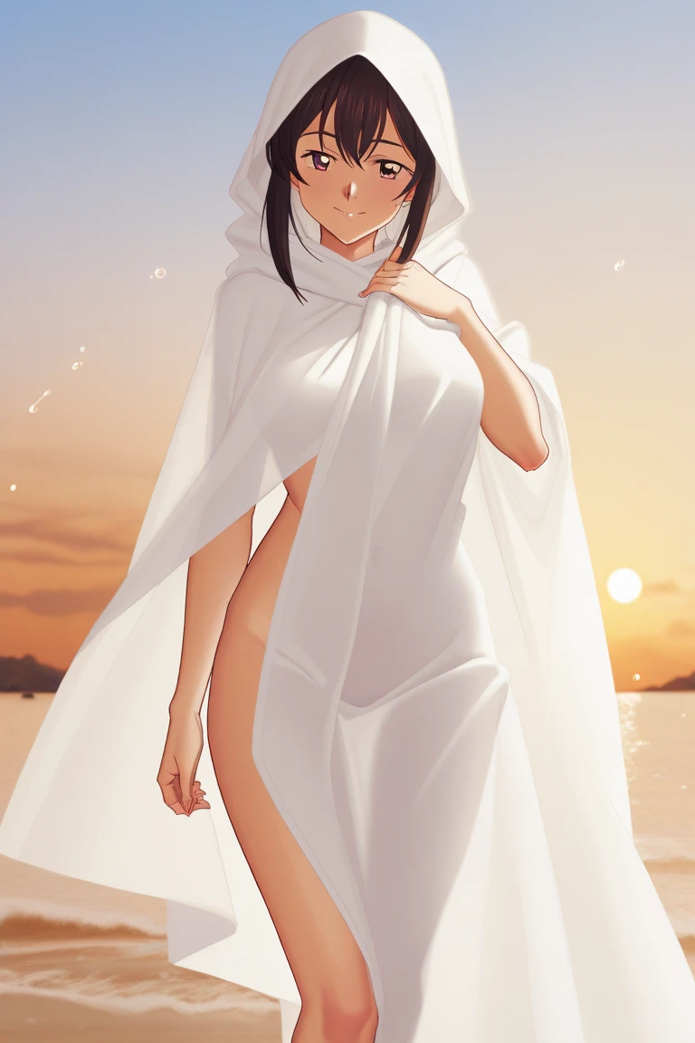 A lovely Malaysian woman (age 20, hijab no hair showing, busty, sheer summer dress (no underwear)), glamour poses in lavish garden at sunrise