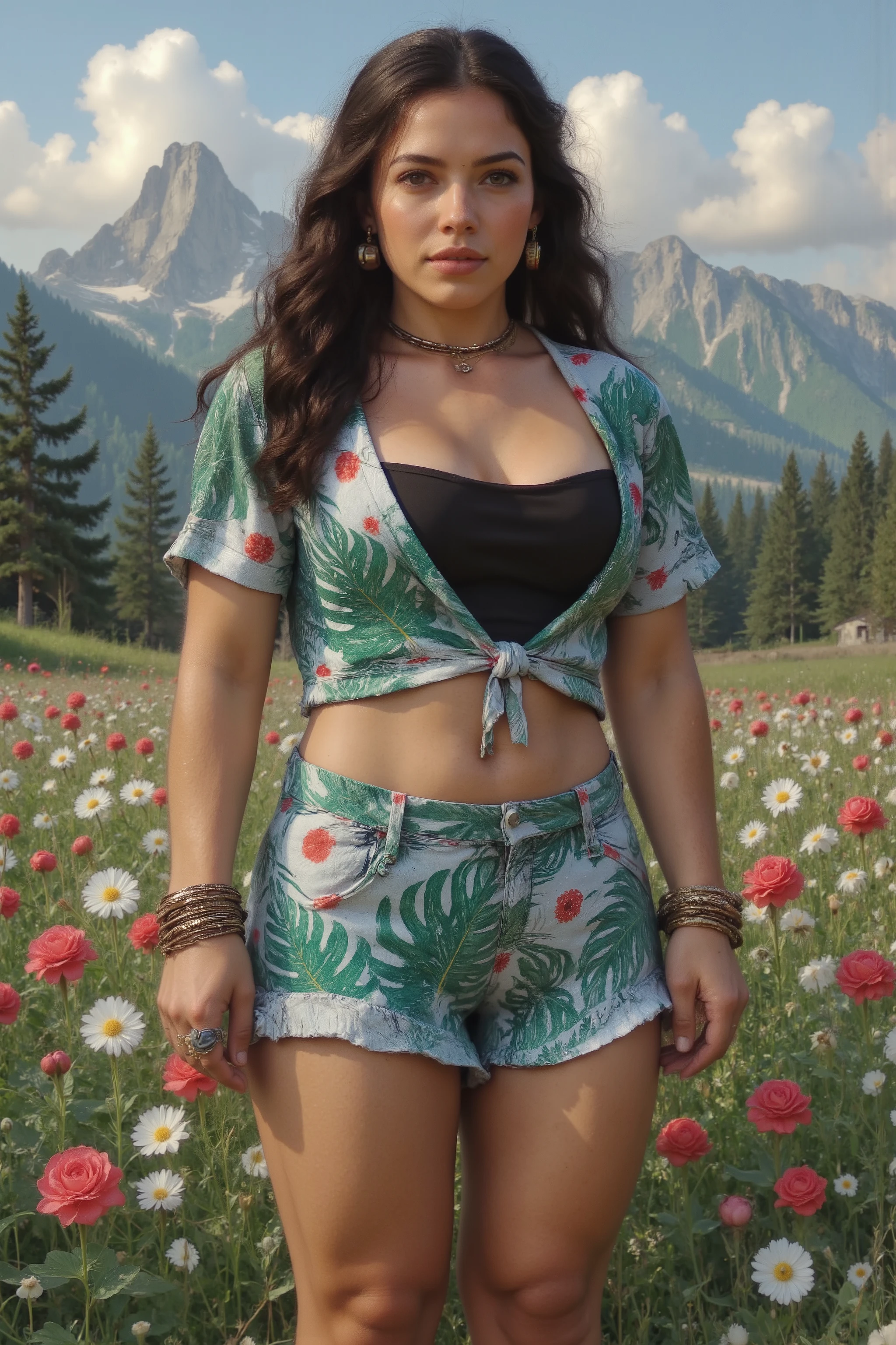Full body photo, side view, from head to toes, of a gorgeous young woman, muscular and voluptuous. She's posing on a flower field at the Alps. Her very long hair is beautifully styled. She has muscular thick thighs, wide hips, perky fit plump ass, slender waist, highly defined body features, highly defined muscles, (huge, swollen, milky breasts). She has extremely detailed realistic natural skin with skin pores, skin indentation, shiny skin, perfect skin, perfect face, perfect hands, perfect eyes, perfect feet, ultra detailed body, ultra detailed face and eyes, ultra detailed feet, desire, provocative, excitement. She wears a sexy spring themed full dresswear set - a mountain uniform, styled mountain footwear and rich intricate jewellery: a slave collar with a cowbell, bracelets, armlets, earrings and rings. It's a windy spring day. Painstaking attention for details. blue sky, nature, panorama, landscape, harsh sun and shadows, ray tracing, UHD, HDR, 16K, DSLR, photorealistic, masterpiece, award-winning.