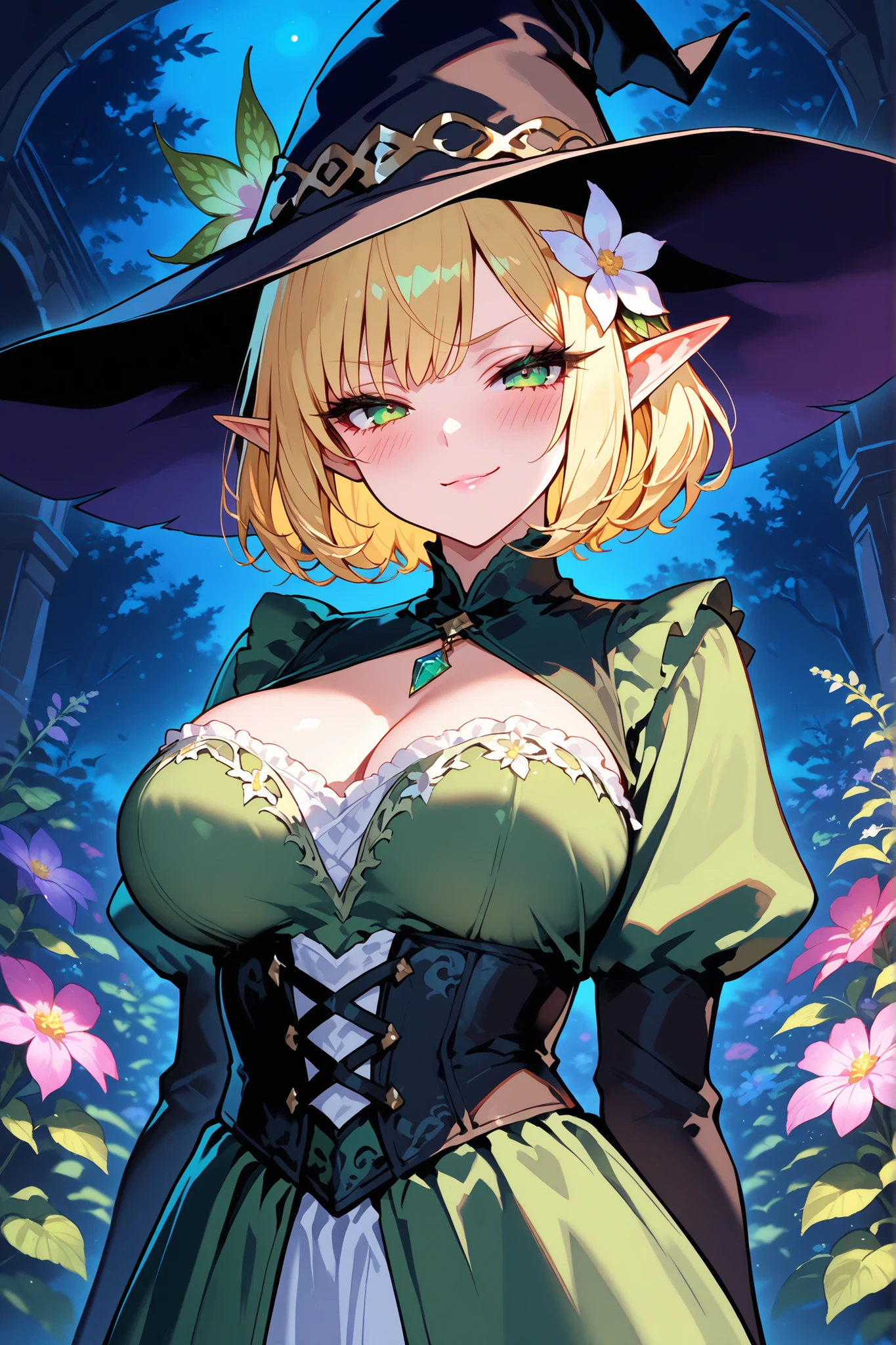 1girl,extremly detailed, ((Cinematic lighting)), (glowing), ((dramatic lighting)), ((beautiful detailed glow)), intricate detail, lens flare, black hair, large breasts, green eyes, huge breasts, witch hat, smile, green glowing lanterns, dead forest, black trees, green lights, skeletons, night, upper body, black robe, dark background