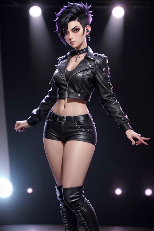 highres,absurdres,masterpiece,best quality,original,extremely detailed CG,extremely detailed wallpaper,perfect lighting,jitome,lips,makeup,standing on the stage,blurry background,
<lora:COS+BlackCanary_1:0.6>,fishnet_legwear,pantyhose,gloves,choker,jacket,fishnet_bodysuit,