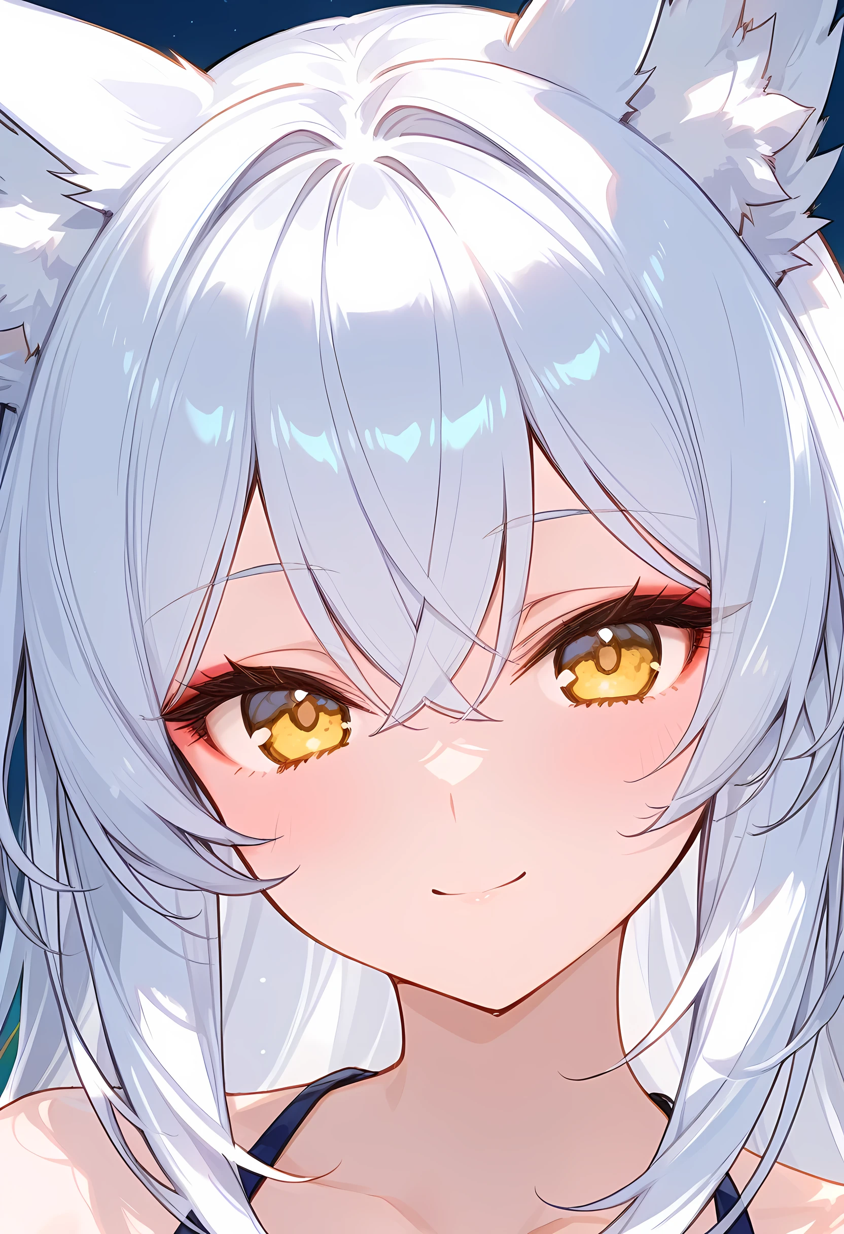 long white hair,fox ears,Smile,upper body,Face Focus, Foxtail ,golden eyes