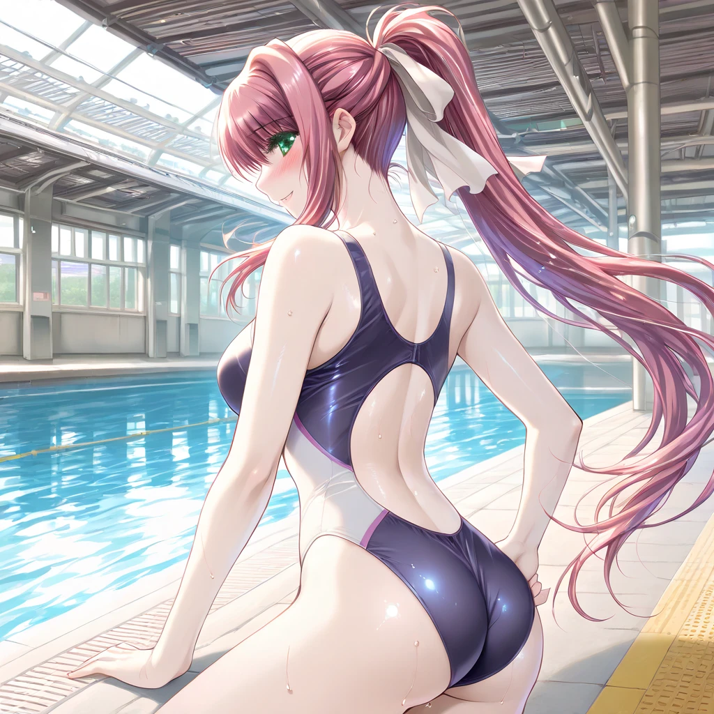 best quality, insanely detailed, nino nakano, one piece swimsuit, breasts, blush, swimming pool, back style