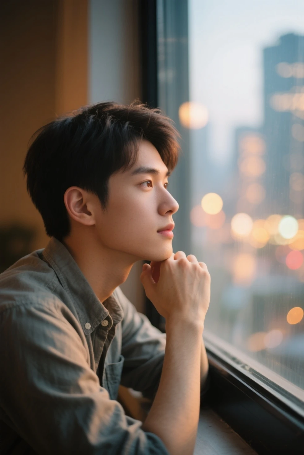 A Japanese male college student wearing fashionable clothes is looking out the window with a calm expression, resting his chin on his hand,Excited, Photo of your face, In a calm room, with a natural look, With a slightly tired look, tilt your face a little, Diagonal orientation, Average face