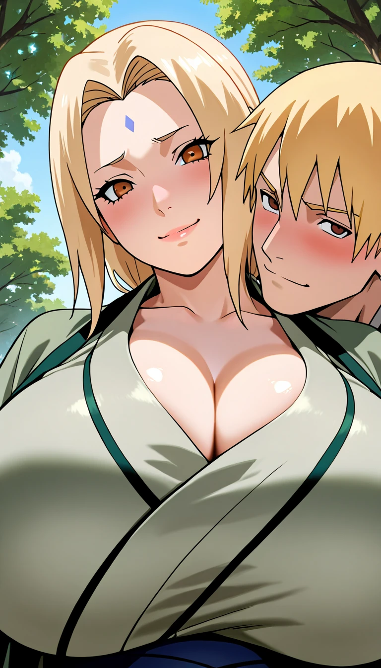 , quality, highres, 1girl, focus, (huge breasts:1.2), , tsunade , brown eyes , blonde hair forehead mark naked , wide hips , milf body , portrait couple grabbing breasts (bedroom), young woman smile, large breasts, nipples, ((((1boy:grabbing from behind, grab another's breast , boy's hand on breasts , grab_breast))))