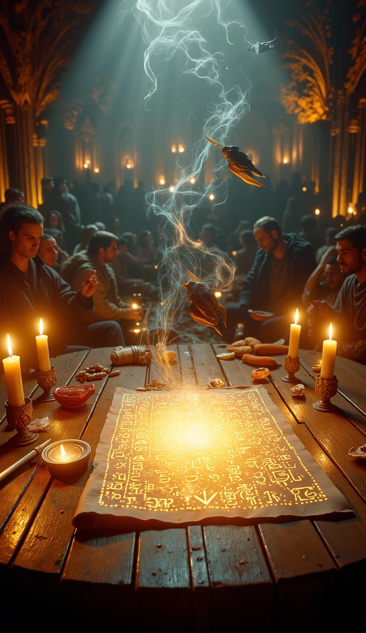A parchment scroll glowing with magical runes, surrounded by floating quills and swirling mist, set on a wooden table lit by candlelight — in the background, a shadowy crowd of mysterious adventurers waiting their turn — fantasy style, warm golden tones, dramatic lighting, high detail