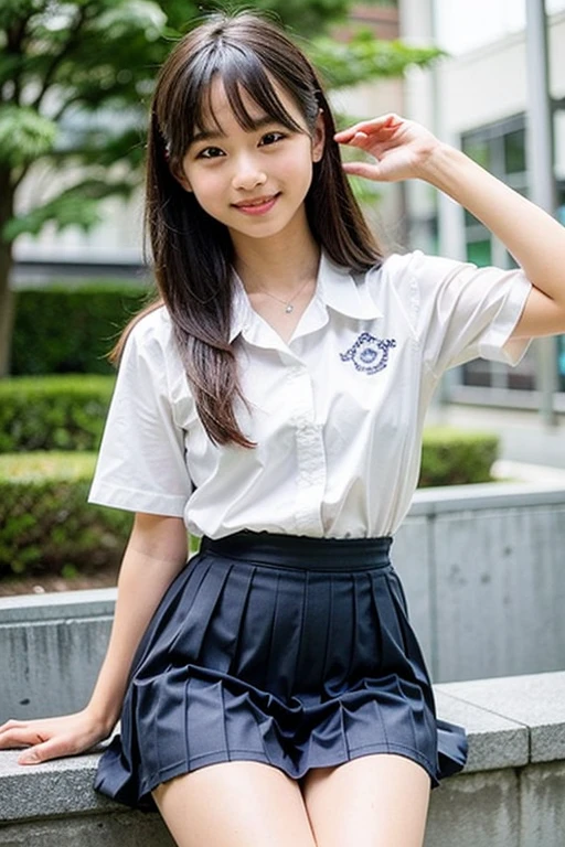 Filipino elementary school student, smiling in the street, dark skin, plain clothes 