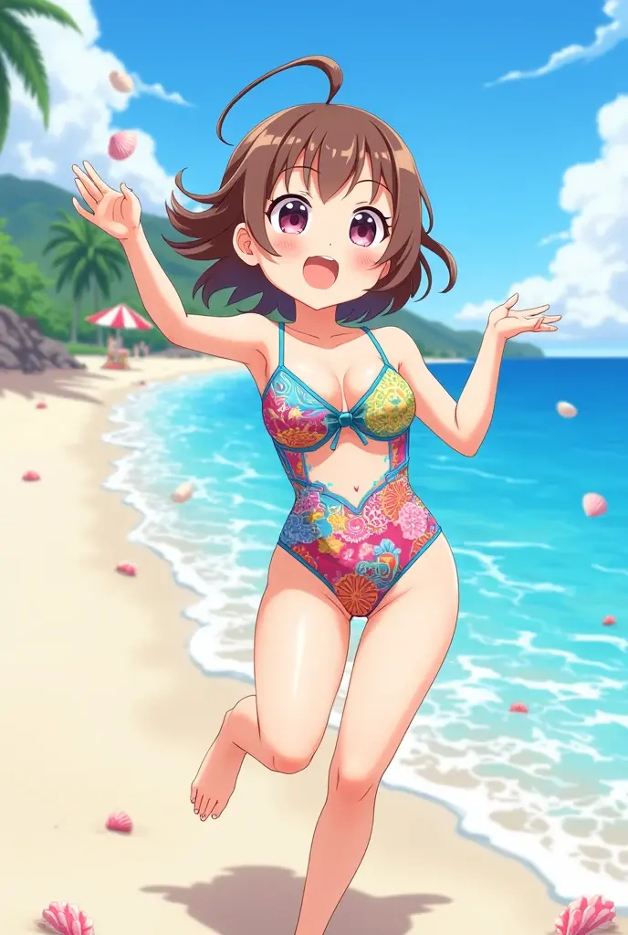 Brown hair anime girl in bikini bending over