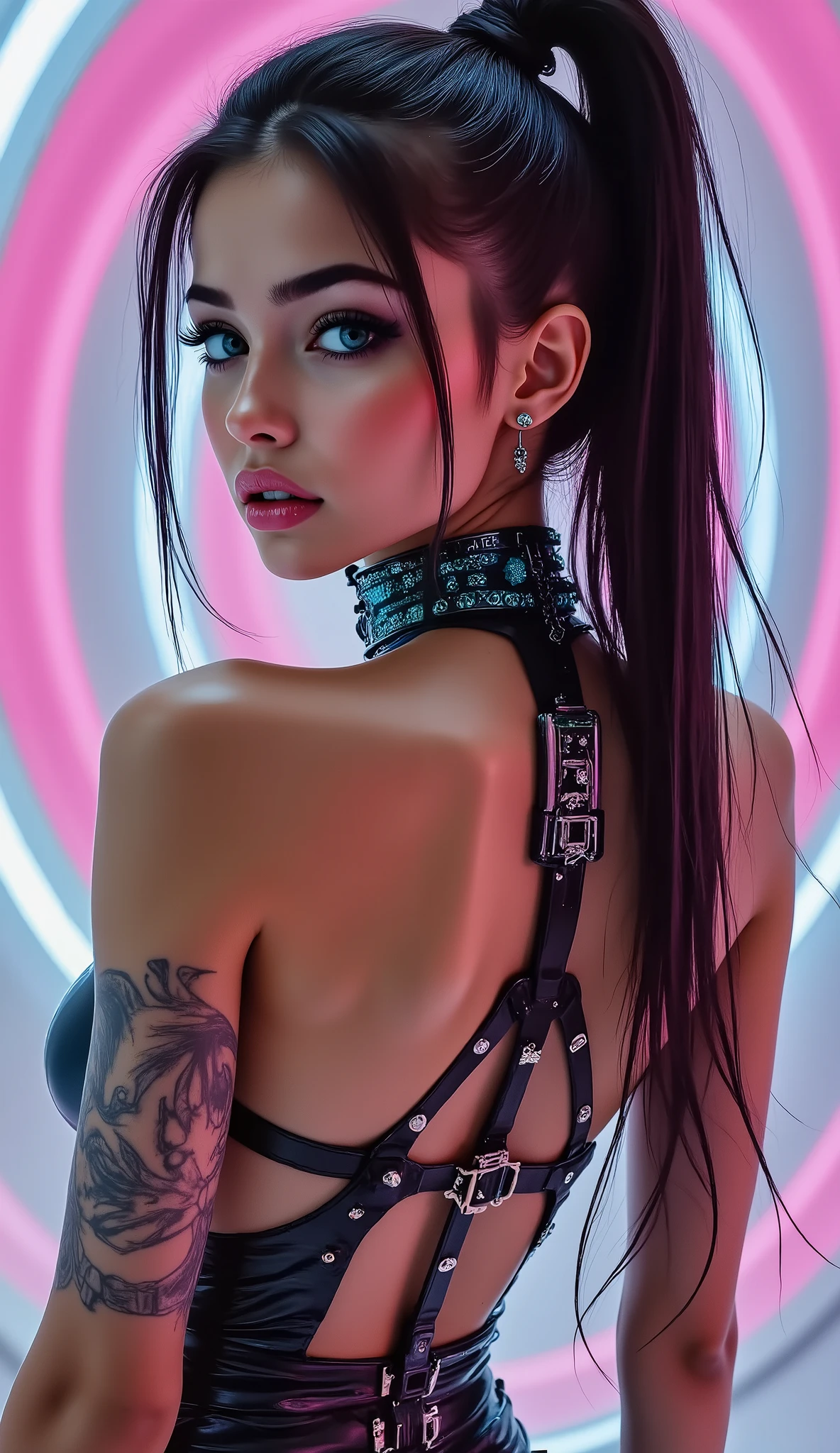 ((beautiful western model:1.8)),(photorealism: 1.4),( hot girl brown skin),(complex and realistic skin texture:1.4),dynamic rear side pose,portrait view, 18yo, very skinny,Honeycomb latex outfit, ((latex top, jewelry covered nipples:1.4)), blue green latex harness choker intricated ,complex thin laces stomach harness, tied up, arms tattoo, latex brace.(sculpted six pack abs:1.2),micro skirt, garters,flat chest,angelic cute face,white teeth, perfect beauty, perfect eyes render, long eyelashes, neon pink lips, oiled skin,psychedelic background,voronoi backround, hyper realistic and detailed face , blue eyes,no blur sharp focus on all body