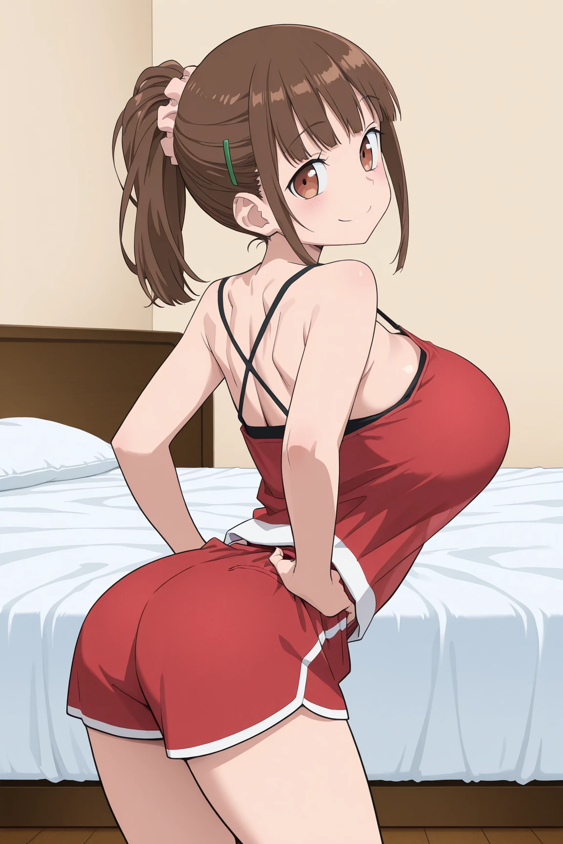 high quality, Very detailed, 8k, 1 girl, erotic, NSFW, 18+, shorts upskirt tight, hot upskirt black bike shorts, looking back,kneeling in bed, pokemon may, pokemon trainer emerald may, marked pussy in shorts, orange sleeveless shirt, Masterpiece, Best Quality, Very detailed, black fur,short hair, crotch screen, showing coño though ass, sex, +18, legs open, ass focusing on the viewer, anime girl with a big ass, the anime girl is crouching, Thighs!!!, Thighs focus, Thighs!!!!!!, female protagonist 👀 :8, Thighs close up, Thighs, fanart de high quality, ass in the center of the camera, rear view from below mostrando el lindo culo con las legs open, kneeling in bed y manos apoyadas, legs wide open. ass up, smiling, ass up, rear view from below, View from below, vagina visible through the ass, raised ass!!!!, big tits, big chest