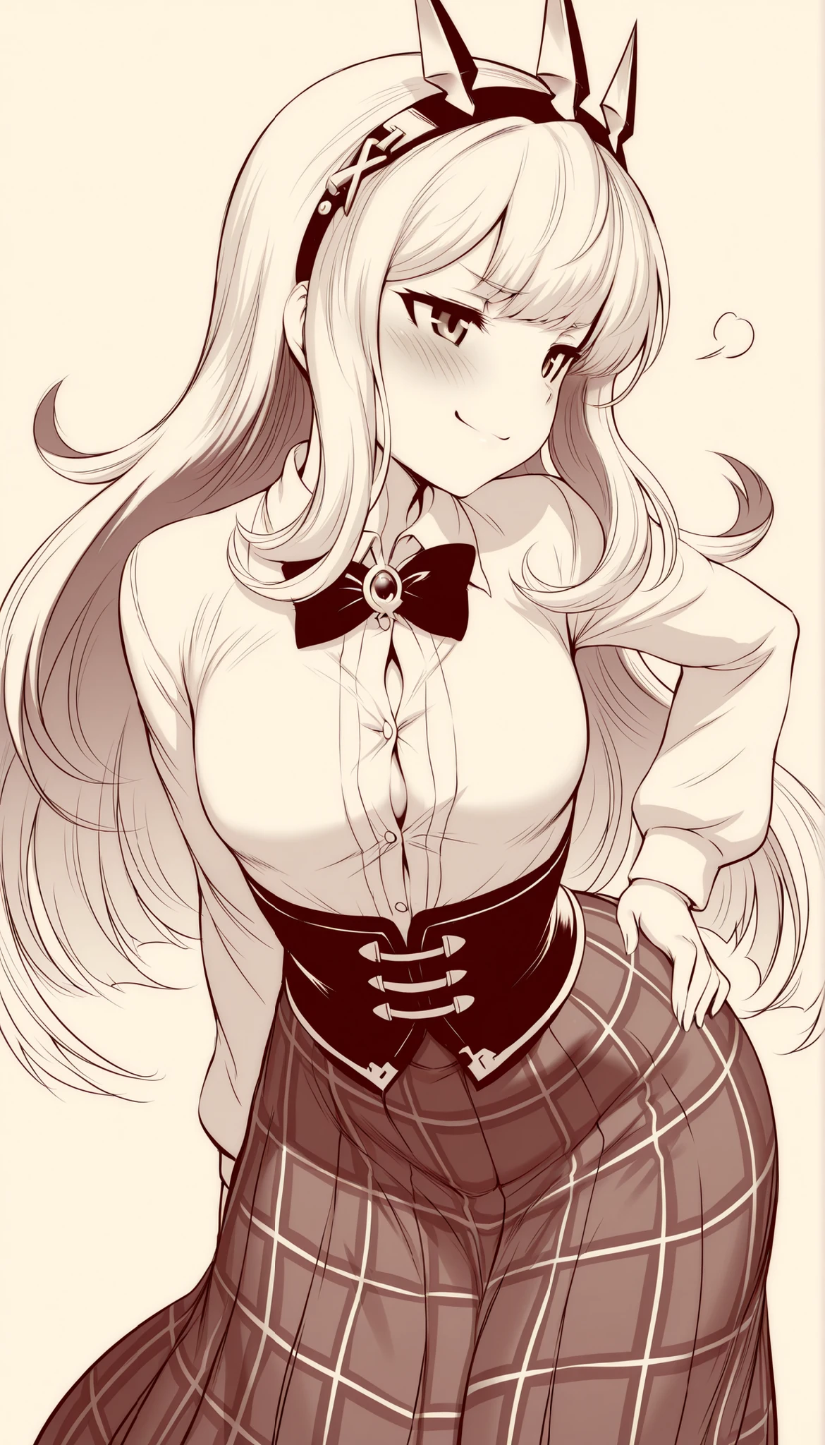 by m-da s-tarou, monochrome, soft shading, 1girl, solo, cagliostro (granblue fantasy), spiked hairband, white dress shirt, long sleeves, button gap, black bowtie, medium breasts, petite, black corset, long skirt, plaid skirt, pleated skirt, from behind, leaning forward, from side, hand on hip, smug, smile, beige background, masterpiece, best quality, amazing quality