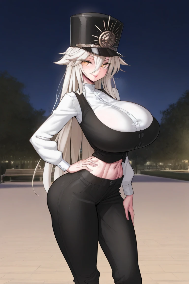 1girl,long hair, white hair,curly hair,yellow eyes,(angry face), medium ,show belly,cleavage,horns,elf ears,((yellow scarf)),(((walking in an alley of a city at night,night))),cowboy shot,from front,(black tank top,black pencil skirt,black leather pants), (pregnant)