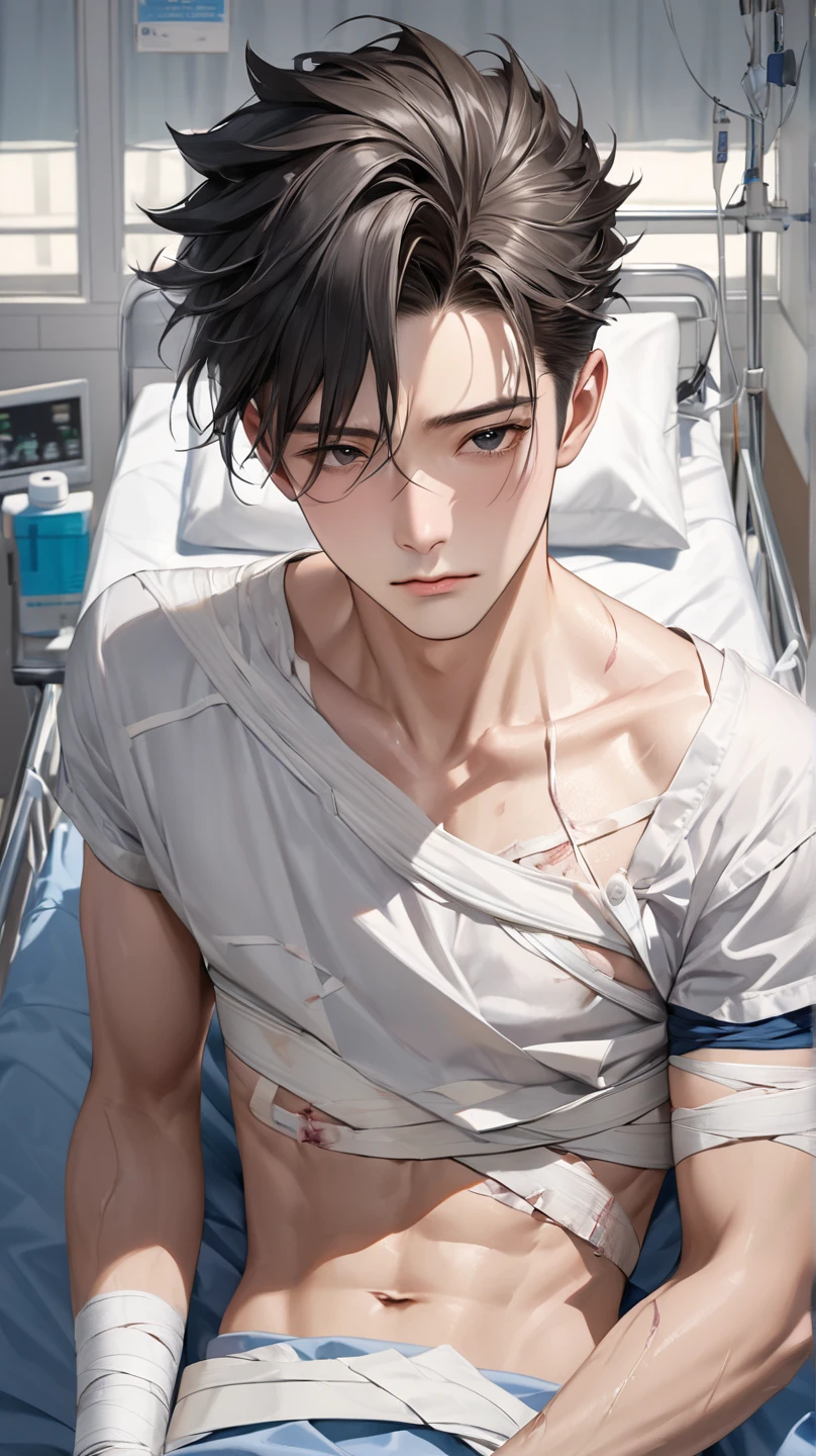 a happy muscular boy with short black hair in a shirt his arm is pricked by a needle injection in the hospital