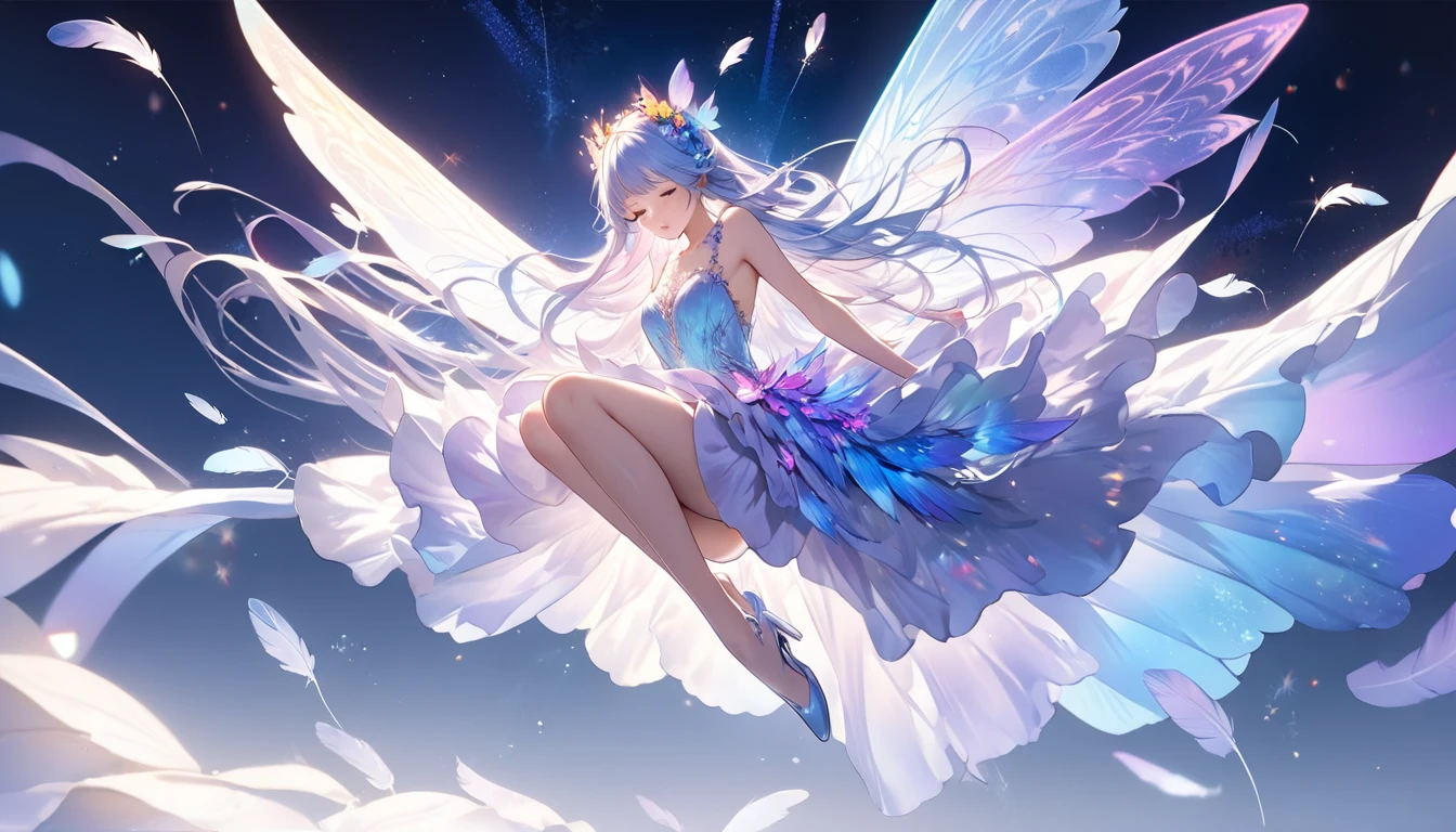 1 girl，clear water，blue butterfly，Pure white gauze skirt，sparkling，sit in the air
