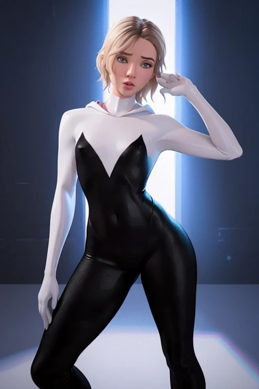 ghost spider, gwen in a black outfit with spider in the center of his chest in white, organic looking outfit, gooey forehead, symbiote, white eyes, fine art, ps5 cinematic screenshot,highly detailed detailed cinematic rendering, ultra photorealistic raytricing, with cinematic lighting