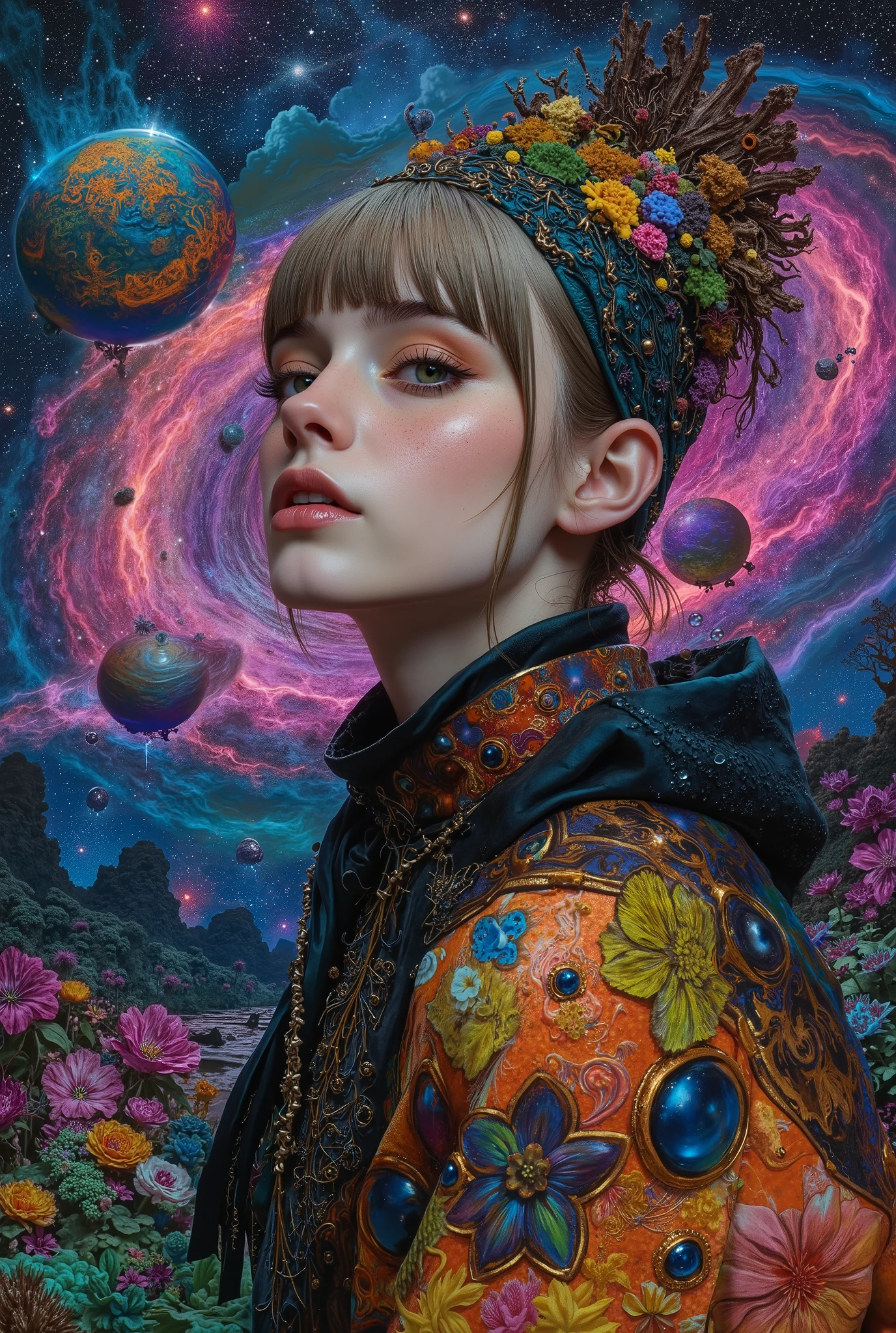 HD detailed, universe服を着た女性のクローズアップ, planets in the background , サイケデリックuniverseホラー, psychedelic illustrations, universe, Plant growth, 精神異常のuniverse, 背景universeグラフィックアート, universeのイラスト, universe, universeLSDポスターアート, After DMT Space , universeシーン, surreal space , universeスタイル