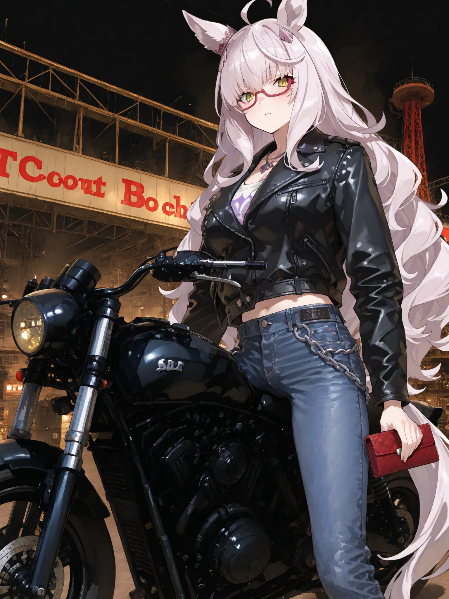 傑作、biwa hayahide(uma musume), yabuki、高品質、8K、1人の女の子, Scout Bobber, Leather jacket, denim pants, wallet chain, ride motorcycle, factory background
