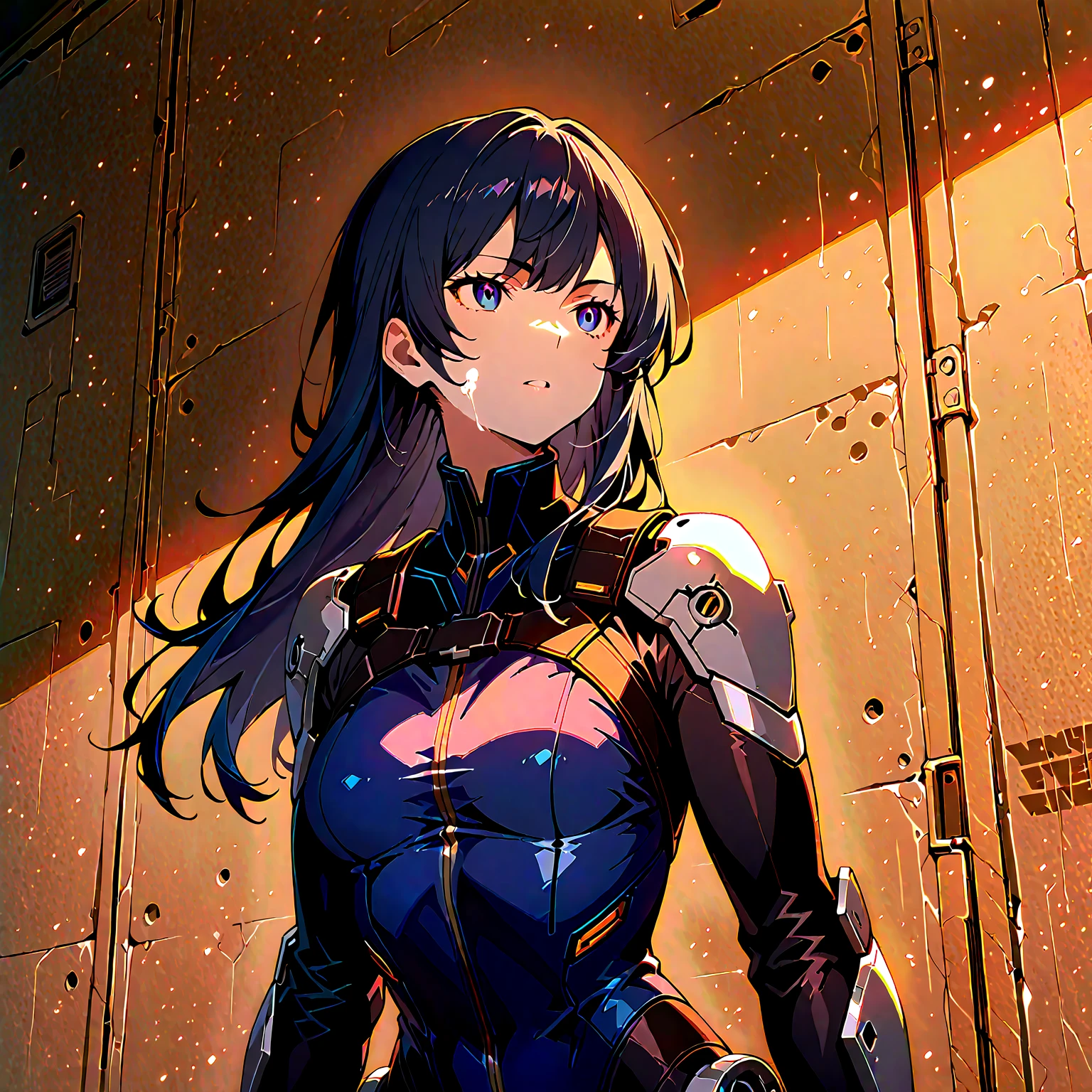 shinkawa youji, metal gear solid, beatrix brehme, 1girl, solo, masterpiece, best quality, red eyes, black hair, fortified suit, <lora:Beatrix_Brehme:0.5>, <lora:style_yojiShinkawaStyle_offset:0.7>