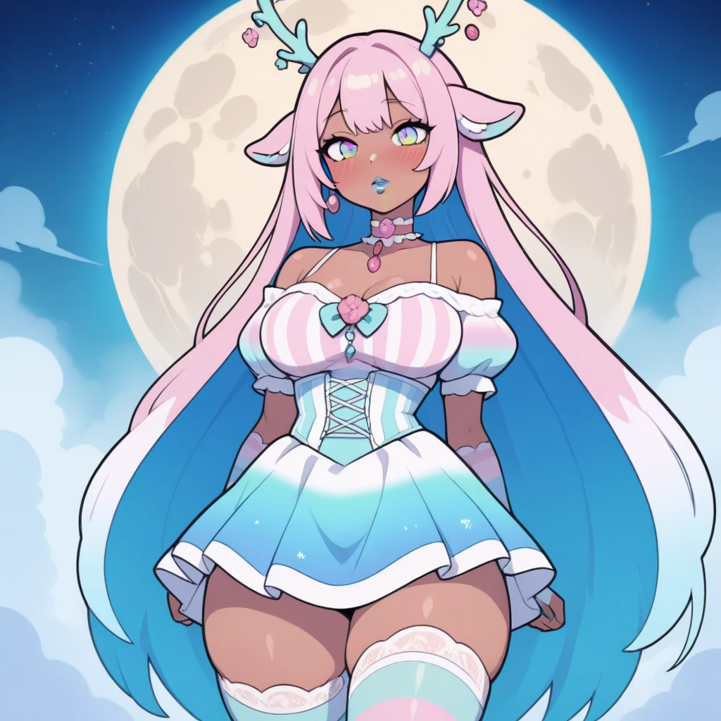 (only one girl, 1girl, one girl, full body, white hair, in blue swimsuit, tight clothes, blue alluring eyes, thick thighs, very thin waist, slim hips, open legs, cameltoe, big cameltoe, big pussy), ((anime-style artwork),colorful shades, Hyper detailed, highly detailed face, 4k face, clean, vibrant colors, extremely detailed with rich colors), (mature girl), (she is at a green valley, with a river, with fireflies, with butterflies), (the sky is clouded, with pink and purple clouds, a giant moon), ((depth of field)), (masterpiece:1.2, best quality), (extremely detailed CG, ultra-detailed, best shadow:1.1), ((1 anime cute girl)), ((solo))