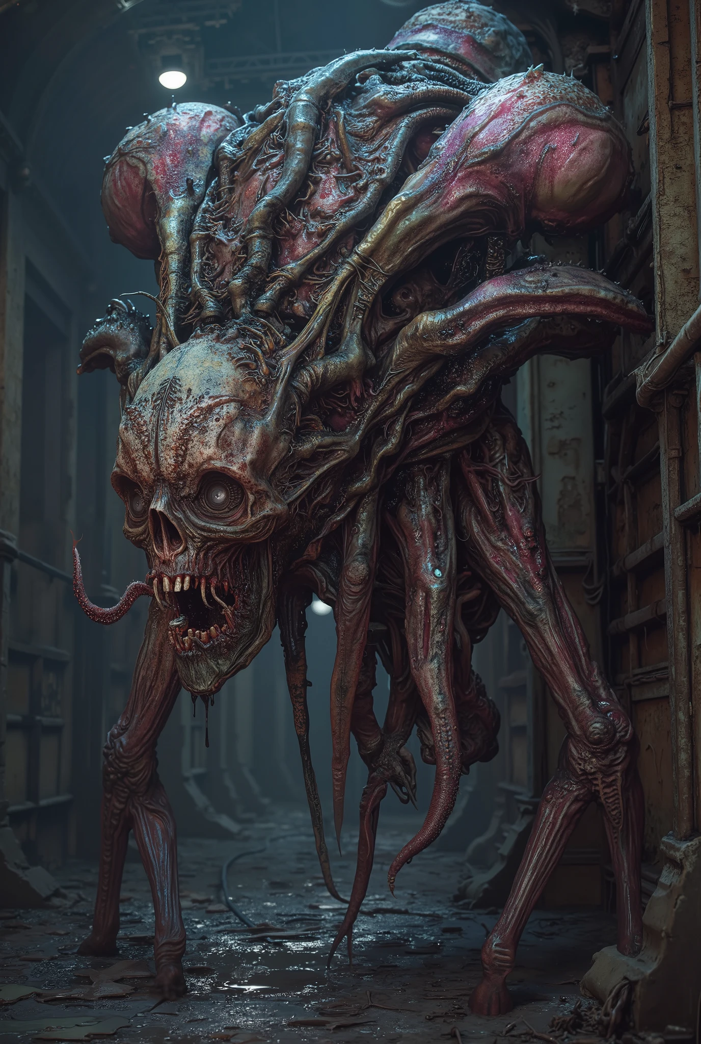 an erotic fearsome monster, grotesque hybrid creature, part snail part beautiful human female part Ammonite part octpus, beautiful humanoid snail, uncanny genetic fusion, disturbing amalgamation, twisted amalgam, unsettling abomination, bizarre entity, unnatural monstrosity, disturbing hybrid, ghastly creature, sinister hybrid, eerie entity, unsettling hybrid, disturbing abomination, photorealistic, hyper-detailed, ultra-realistic, 8K, cinematic lighting, dramatic atmosphere, dark fantasy, vivid color palette, horror, surreal, nightmarish, gothic, chiaroscuro, dramatic lighting, moody, ominous, sinister, foreboding, shrouded in shadows, dramatic focal point, dramatic angle, dark and gritty, horror-inspired, macabre, grotesque, disturbing, unsettling, nightmarish, twisted, sinister, eerie, otherworldly, dark, grim, haunting, ominous, foreboding, dramatic, intense, cinematic, iridescent skin, neon colored, Tentacles
