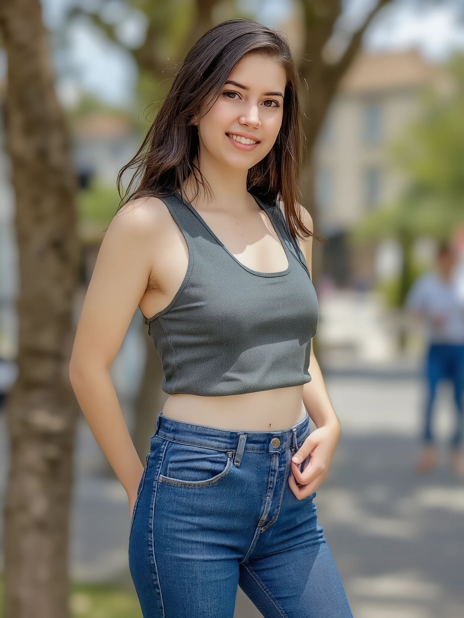 realistic photograph of ailattsf dressed as an adorable european girl wearing skinny jeans and a cute top, skinny body