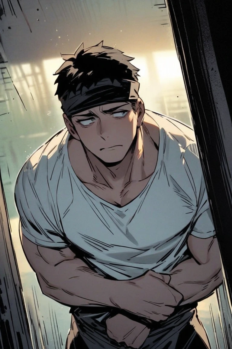 Shaved head、Blindfold、Highest quality、chest hair、Body hairy、Embarrassed face、Muscular man in a crouched position、Perfect Erection、Perfect penis、Perfect hands、Spray lots of sperm on the body、Lots of sweating、Apply lots of lotion to your body、Please attach the shoulder strap、Night starry sky、garden