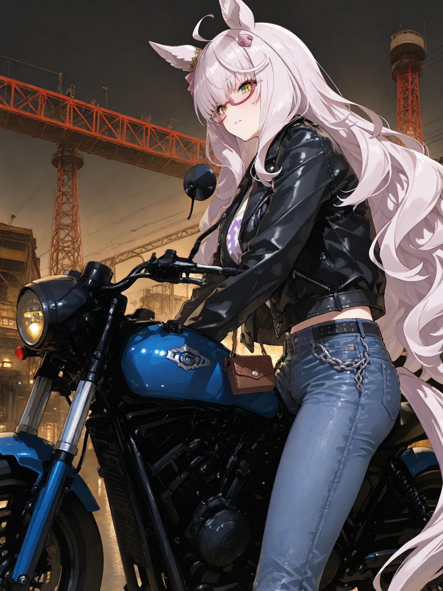 傑作、biwa hayahide(uma musume), yabuki、高品質、8K、1人の女の子, Scout Bobber, Leather jacket, denim pants, wallet chain, ride motorcycle, factory background