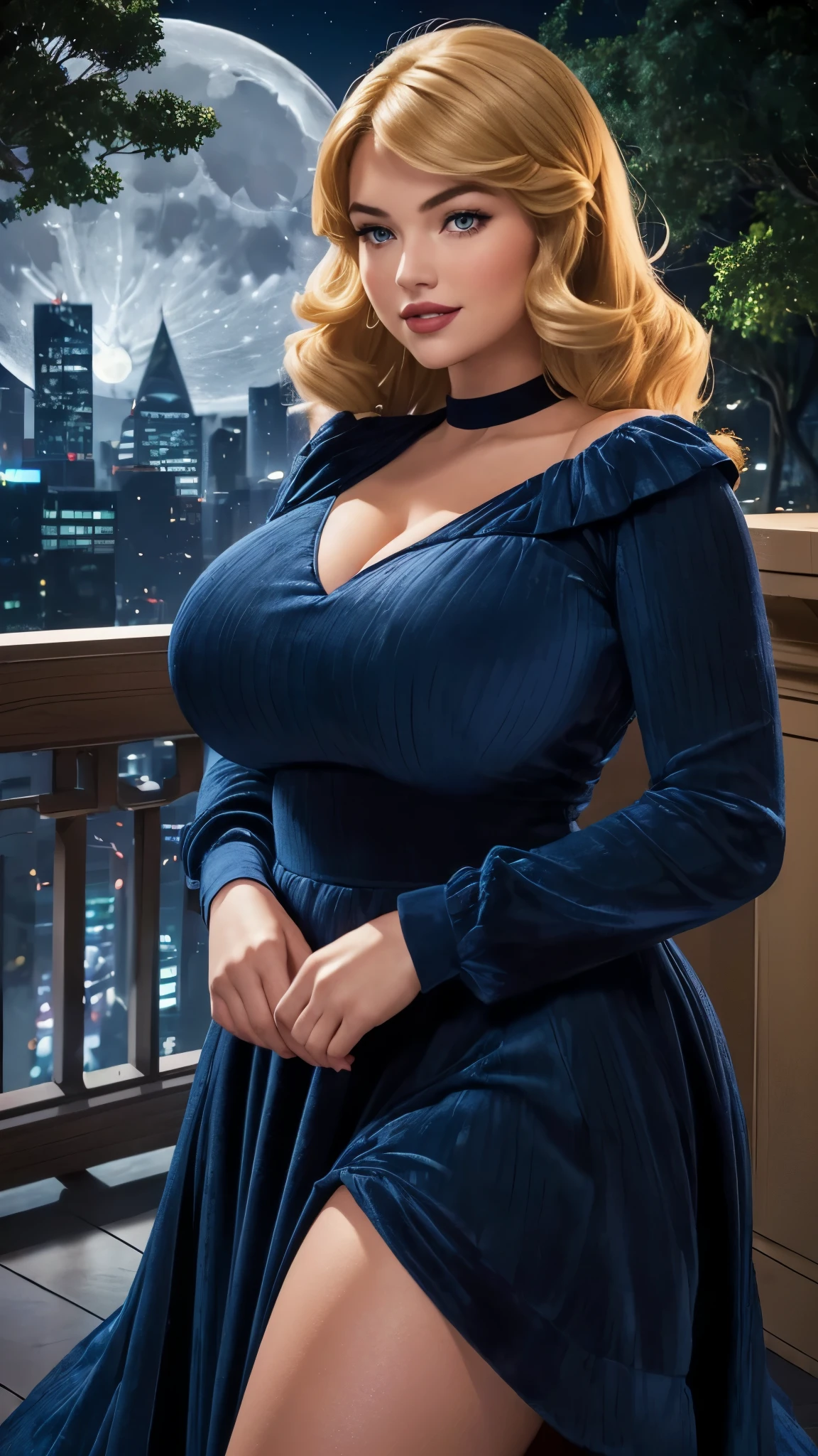 Lucy Pinder, ((VERY INTENSE MAKEUP)), sexy woman, voluptuous, cleavage, (Adele), chubby woman, lace, blonde hair, sleeveless dress, crown, open chest, blue dress, long dress, belt, necklace , smiling.