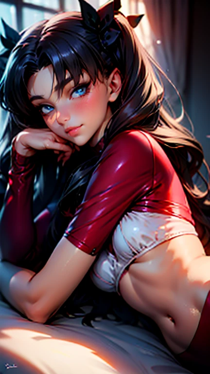 Obra maestra, of the highest quality, hermoso y estetico, Muy detallado, realism, sexy, cintura delgada, de pie, propensity, sonrisa seductora, hair multicolor, long hair, falda rosa, miniskirt, cameltoe, ponytail, collar, flor de cerezo, cuerpo completo, medias de latex negras, abierta de piernas sentada en la acera, manos en la espalda, (desde abajo), mojada, absurdo, imagen calida, dia soleado, arboles de cerezo