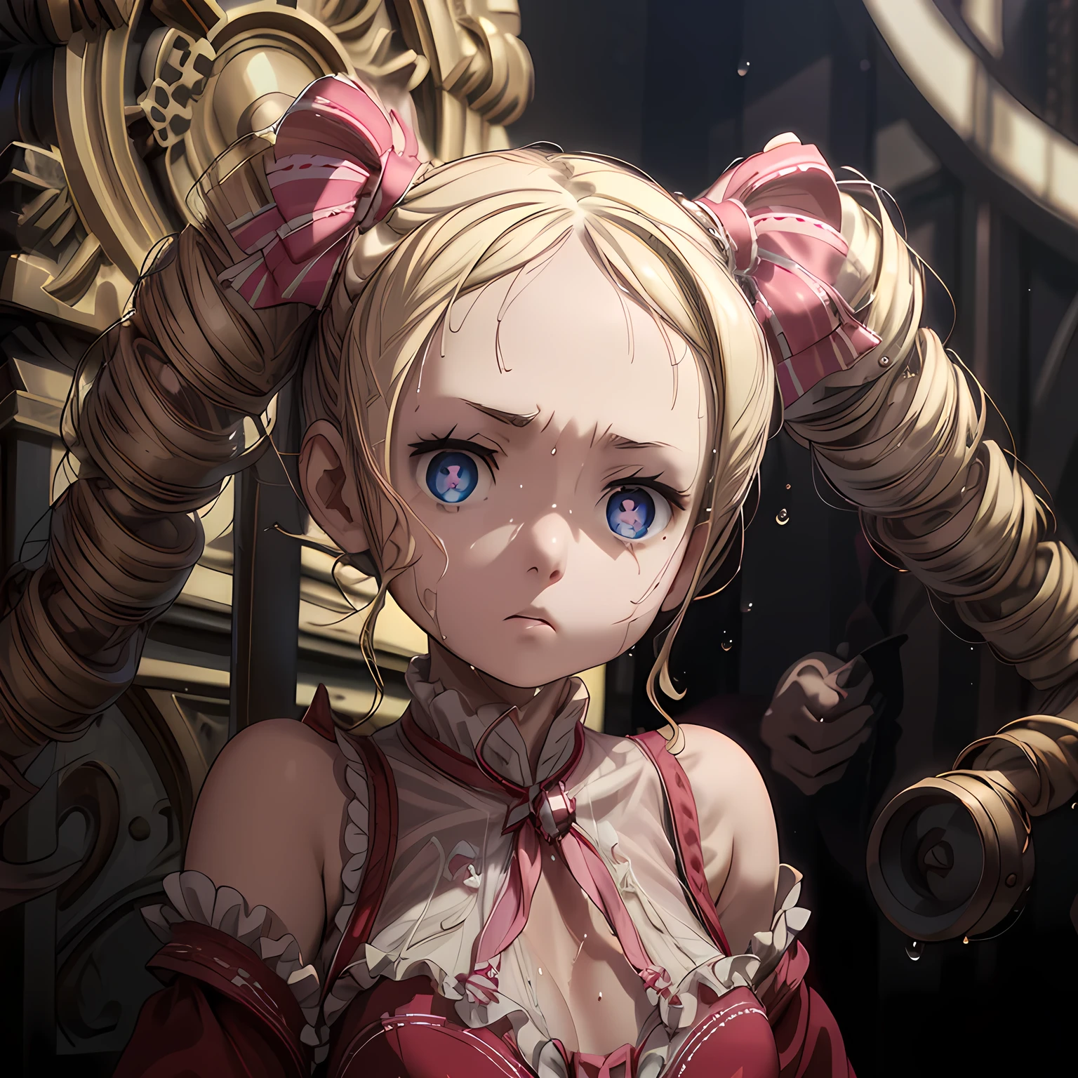 (Unrealistic Artwork :1.3)、Brilliant Contrast、最High Quality 、 High Quality 、 high resolution 、 anatomically accurate、Very Detailed、One person、 (mouth closes)、(Wet Twin Tails)、 ( expressionless)、(big eyes)、 (Face shadows ) Shadow on face、 completely naked、(double twin tail hair)、(side spiral curls)、((Beatrice))、 (expressionless:1.5)、full body、(Dusky Grey Background)、(Big :1.3)、Bust-See-Through Bustier、Black Garter Belt Stocking