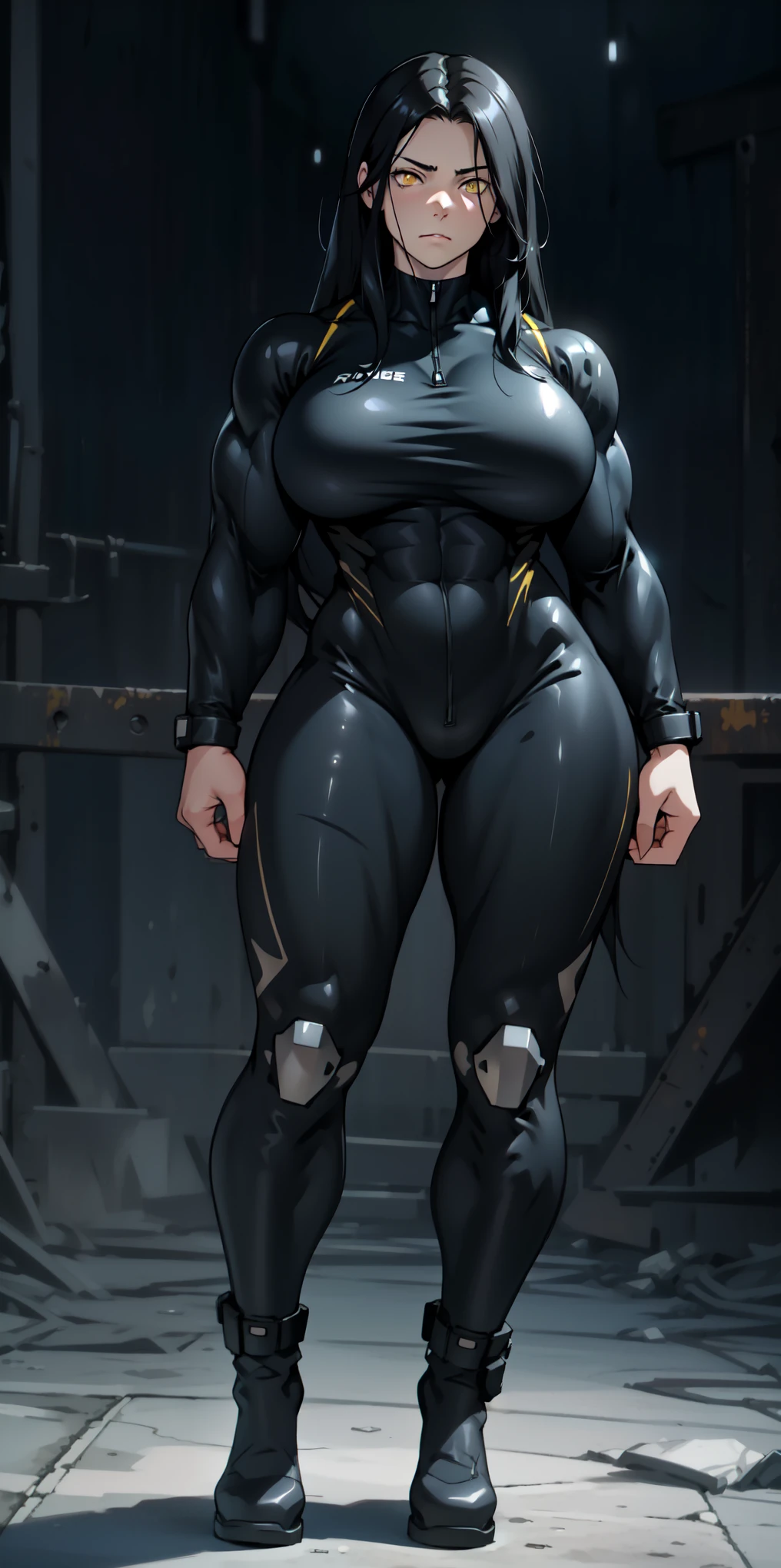 (bodybuilder) pale skin yellow eyes black hair very long hair 1girl huge breasts dark atmosphere thick thighs grey background one-piece swimsuit angry long sleeves leggings thick thick thick thick thick thick