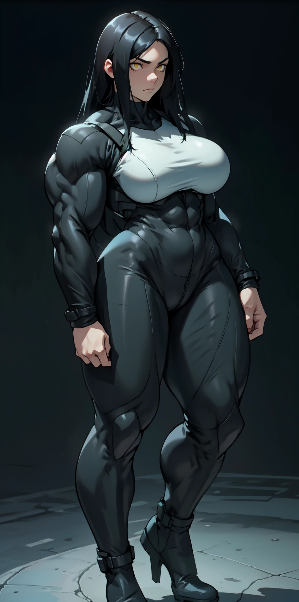 ((((((1girl)))))) (((((muscular))))) ((thick thighs huge breasts)) black hair yellow eyes solo angry pale skin sweaty concrete wall very long hair bodysuit curvy wide hips bodybuilder ((full body))