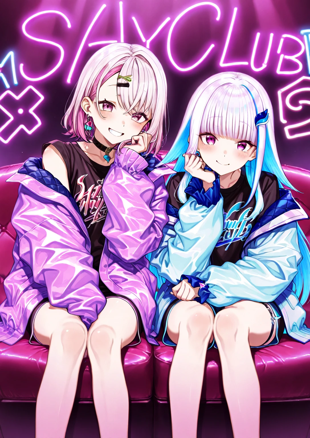 (masutepiece, Best Quality), The highest resolution, (2 heads:1.5), 1girl in, with a two-headed girl((18year old, two heads, Two heads are placed next to each other, fused neck, Facing the viewer, Tattered clothing, White tube top, Black short-sleeved hoodie, White pants, Best Bust, Bust 85, very long pink hair on both heads, Blue eyes, open chest wide, Happiness, Sweating, Chain Accessories, During the dance、お腹に♡のペイント)）hiquality, visualart,