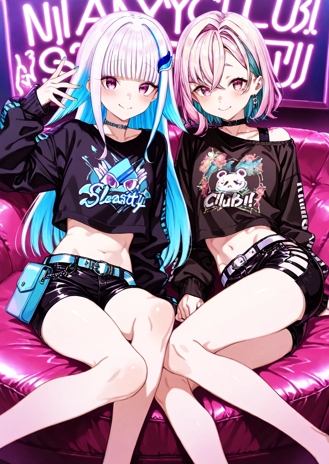 (best quarity,ultra detailed,ultra-high-resolution, 8k, masterpiece), very-cute-and-beautiful-anime-girl,highly-detailed-face-and-eyes, graffiti, neon colors, splatoon, 1girl, grin, bikini, opened, hoodies, show off shoulder, short-pants, sneakers, Equipping with weapons,