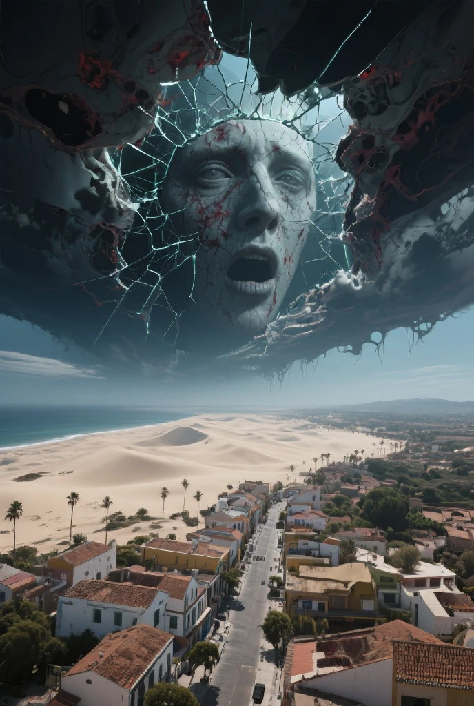 Face composed by a crazy dream on wastelands beyond fantasy, exploiting a new world coming into his eyes, metallic golden yellow, horror movie scene, realms, dark blue and light yellow, blue and yellow, royal blue and golden yellow, 4D, 8K, photorealistic, dreamlike, fantastic creatures on big and complex composition storytelling, masterpiece, artwork by Hieronymous Bosch, artwork by Jeremy Mann, artwork by Beksinski, artwork by Bernie Wrightson, artwork by René Magrite, Surrealism, Impressionism