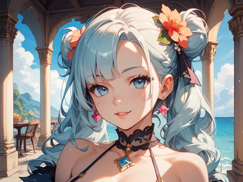ultra-detailed, ((one girl)), (pale skin:1.5),  fair-skinned gyaru, ((Girl in black kimono)),  (heavy makeup), (professional lighting), hyper detailed, absurdres, 8k, Beautiful Face, (Laugh shyly), ((teasing smile:1.2)), ((happy smile:1.4)),  ((Wink:1.4)), (Laugh with your mouth wide open),((Tilt your face:1.6)), View your viewers, ((full-face blush:1.4)), Glossy Red Lips, ((huge breasts:1.6)), undressing, ((She is undressed up to her shoulders, highlighting her cleavage.)), ((Shoulder Tattoo:1.3)), summer, night,Observatory with a view of the sea, firework, ((Anime style background)),masterpiece, Highest quality, so beautiful,Latest, Complex details, ((red long nail:1.2)), (ring),(bracelet), (Floral Choker),AI-generated, Complex,High resolution, Highest quality, super high quality,3D Images、3D Images,One person, (Silver White hair),Long Hair, (White high ponytail), (wavy hair:1.3)), Anime woman posing for a photo, ((Eyes with detailed pupils、blue eyes、glowing eyes:1.3)), (Squint your eyes:1.1),a hyperRealistic , hyperRealistic , Realistic,Anime woman with long white hair, Smooth anime CG art, ((A girl in a gorgeous black kimono:1.2)), ((black furisode:1.3)),Gold embroidery, (Large floral pattern in red color),  (sideboob), (Long red flower hair ornament),(big floral earrings), Mature Body, tall,Narrow waist, (extreme close-up shot),((dutch angle)),