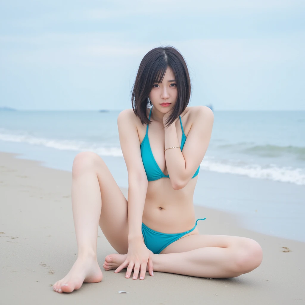op quality, 1 beautiful woman, super short Hair, gold hair, wearing One-Piece Swimsuit, Giddy Smile, Natural Light, at beach, Lying Down