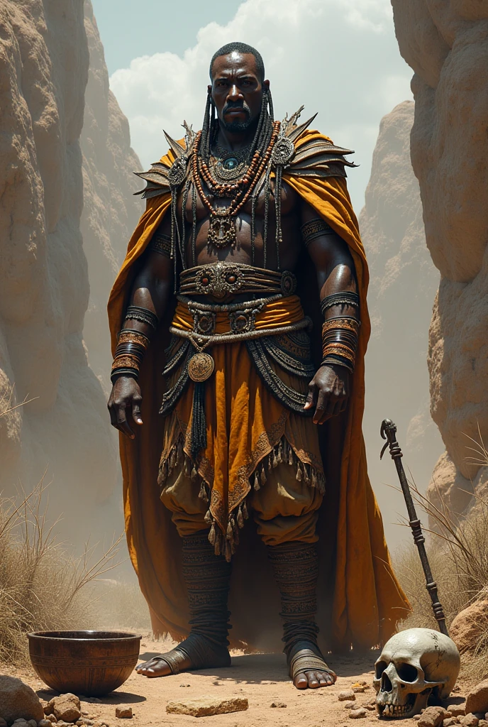 Personagem tribal animado africano guerreiro ancestral traco realista caixas de som camufladas em sua armadura