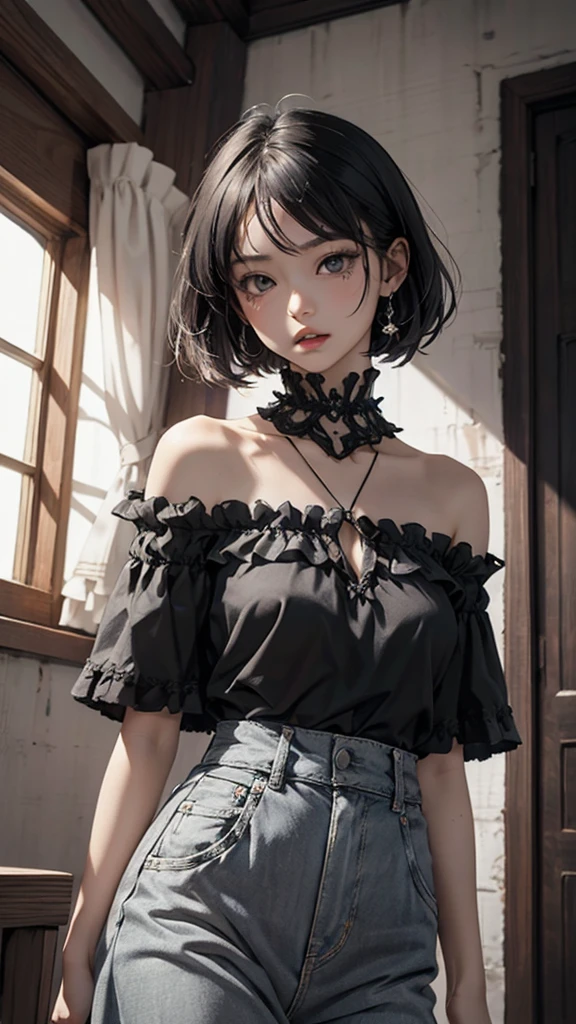 (highest quality, masterpiece), 1 girl, intricate details, off shoulder, skirt, choker, frills, See-through, looking at the viewer, blush, nsfw, blurred background, Floral, contrasting、whole body, skirt hold, focus on chest