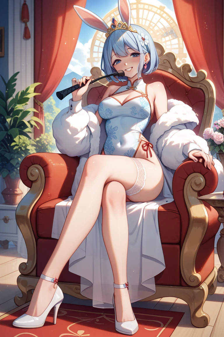 Throne sofa High level image quality best image quality 8K adult woman whole body view portrait pure red long gloves(elbow gloves) red long dress(slit) white wolf ears short hair((shortcut)(gray hair)(perm)(fluffy)) eye color is blue attractive evil face , face detail , smile , sexy pose , labrynth , erotic standing styles , view all body from side , face focus , view legs , view barefoot