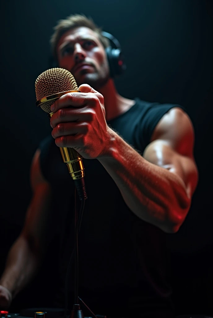 seated man, half body, microphone narrating natural film summaries, hyper-realistic photography, 